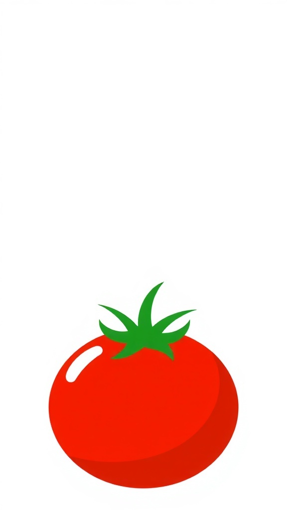 A modern flat design tomato icon with a red body and green leaves.